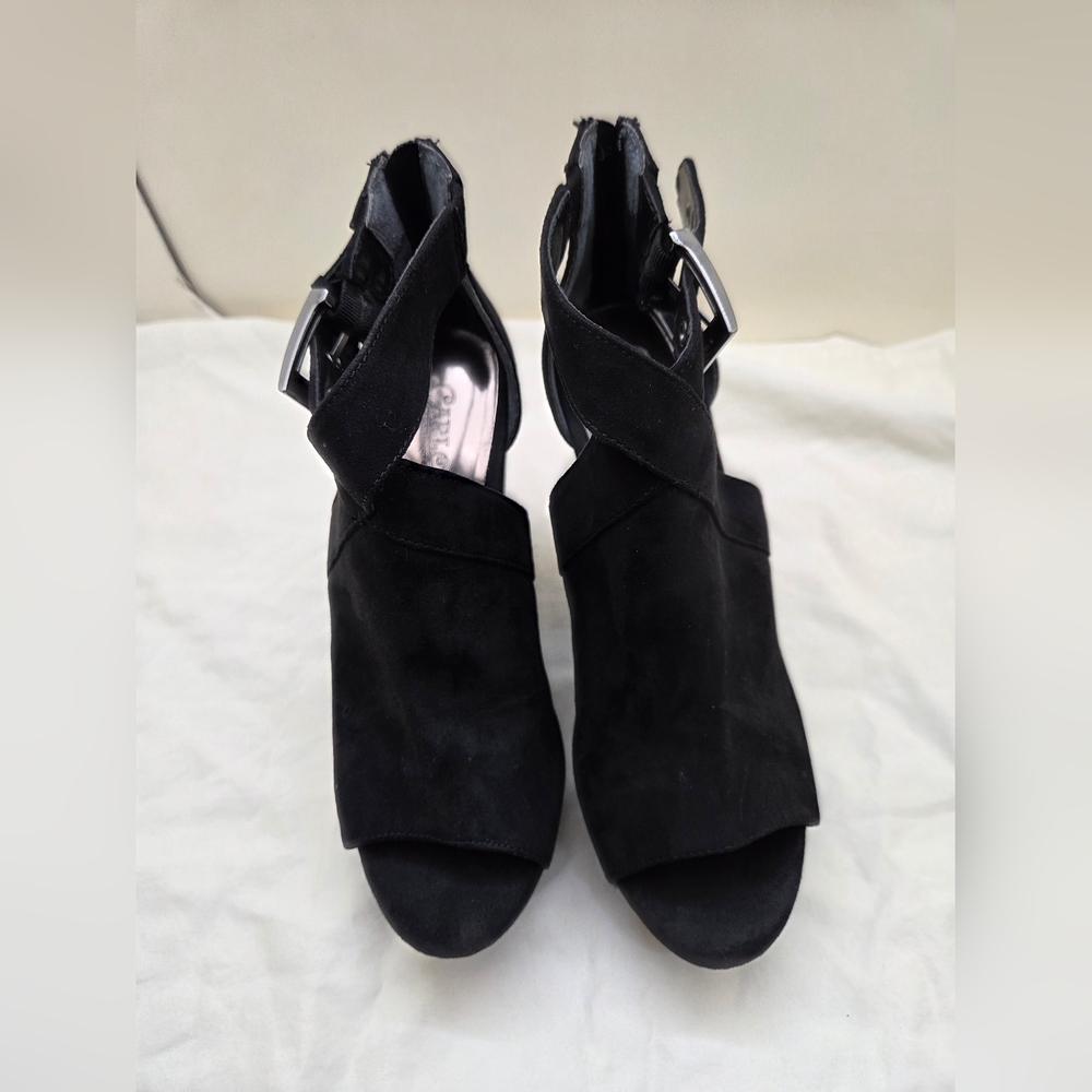 Carlos by Carlos Santana Black Suede Chunky Open Toe Heels | Size 6 | 4” Heel - Picture 4 of 13